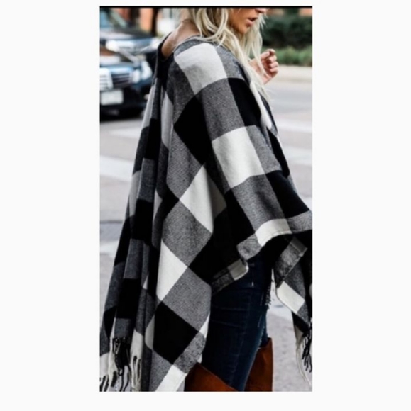 Cozy Black & Cream Buffalo Plaid Poncho Wrap - Picture 2 of 4